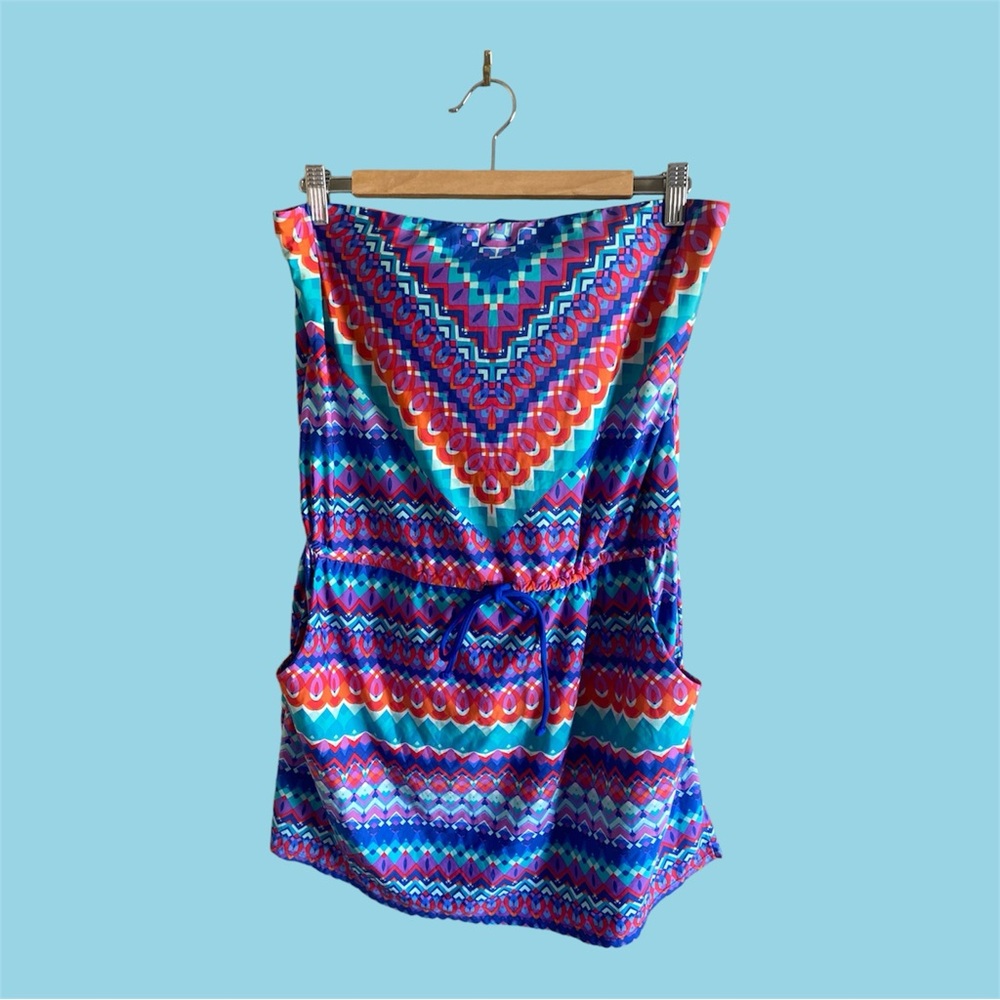 Jantzen Beach Mini Dress Sleeveless Aztec Multicolor Print Size L Pockets